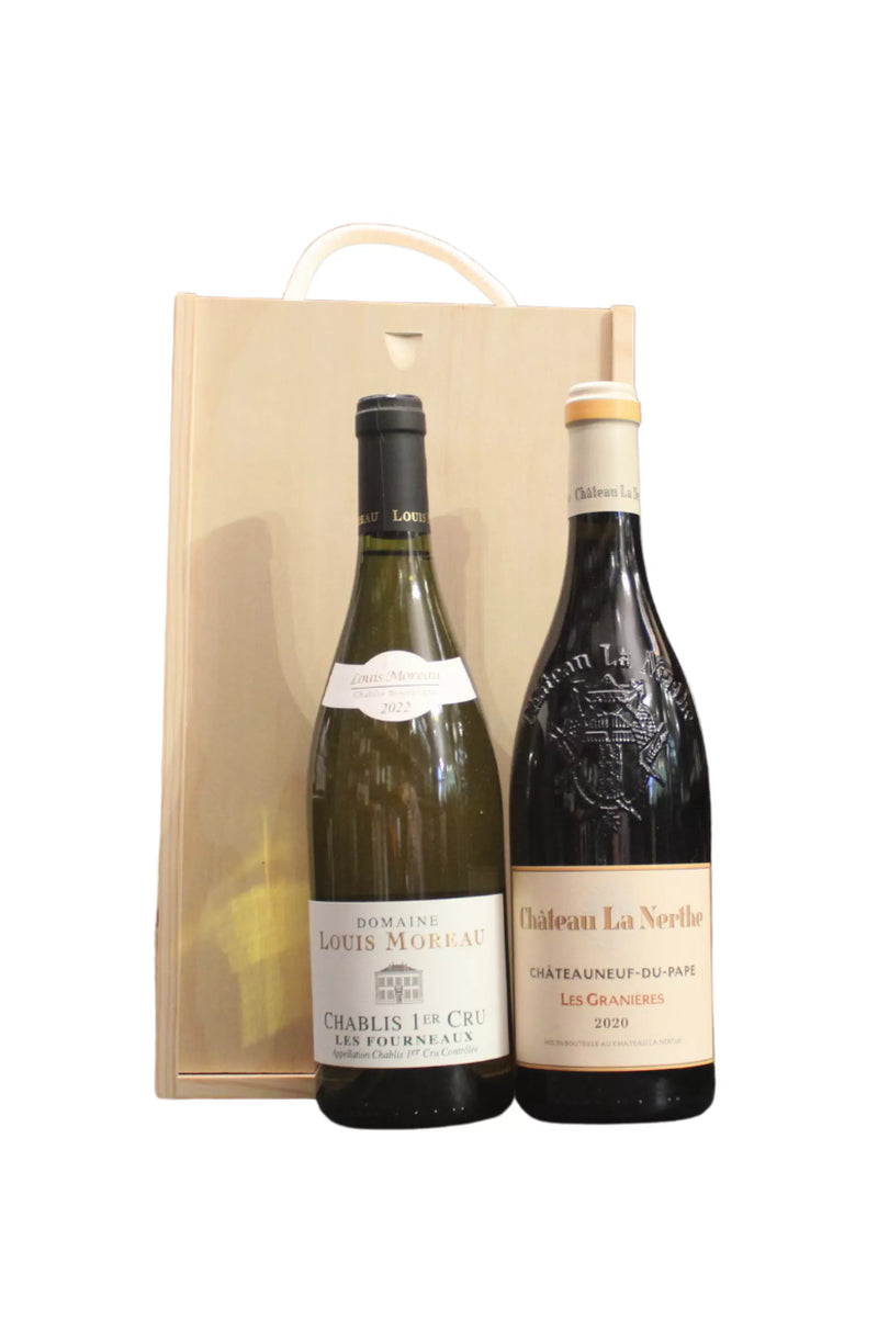 2 Bottle Chablis Rhone Wooden Gift Set x2 75cl